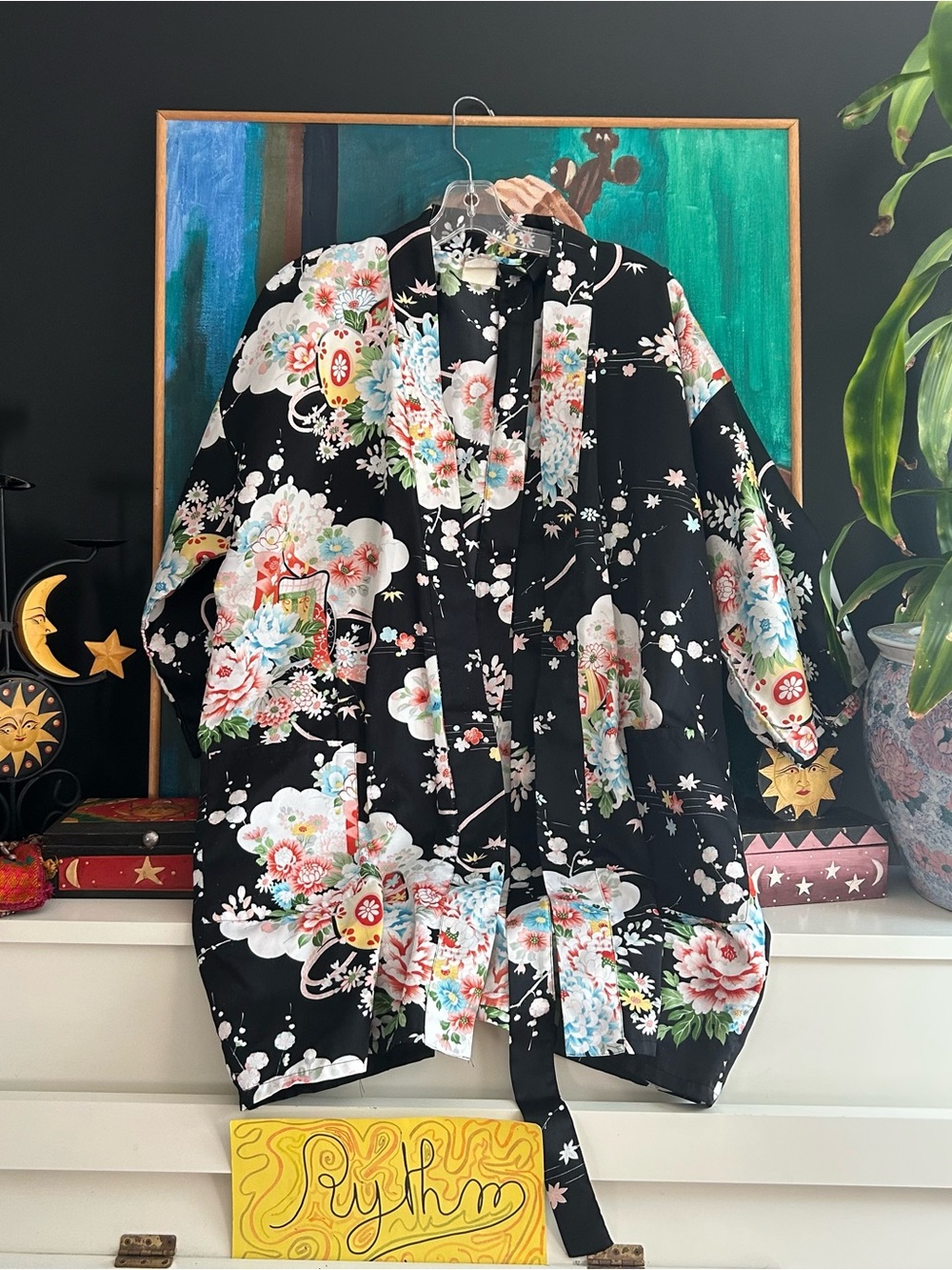Vintage Japanese Black Floral Kimono Robe Cherry Blossom Print OS